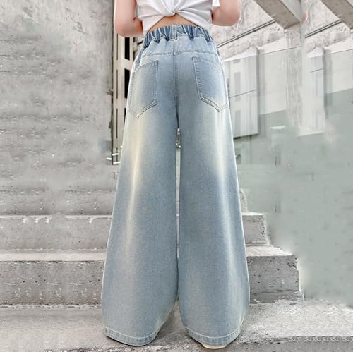 Viatabuna Star Baggy Ripped Jeans for Girls Elastic Waist Wide Leg Distressed Denim Pants Kids Cute Pull On Jeans 5-14 Years2