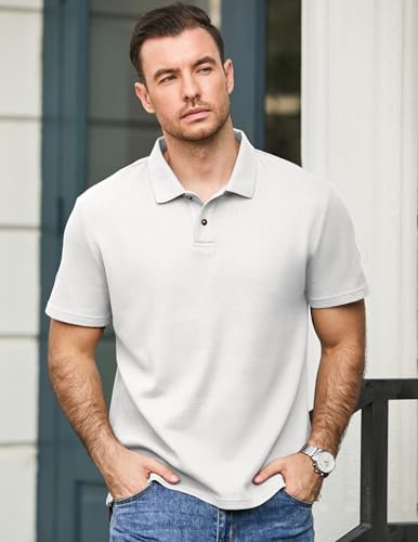 JMIERR Men's Waffle Polo Shirts Summer Casual Short Sleeve T-Shirt Button Up Solid Color Henley Shirts3