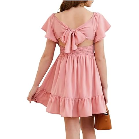 DOKOTOO KIDS Girls Summer Casual Ruffle Short Sleeve Back Tie Graduation Party Dress Pink 8-9 Years Old Cover