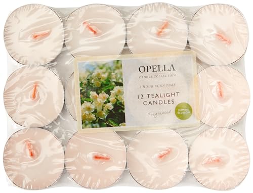 OPELLA Scented Tea Lights Pack of 12 Various scents Candles tealights Fast Post (Jasmine Blossom), White