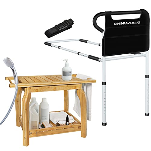 Kingpavonini 2-Tier Bamboo Shower Bench For Inside Shower Shaving Legs And Bed Side Assist Handle Bar Safety Rail Bed Rails For Elderly Adults #TOP25