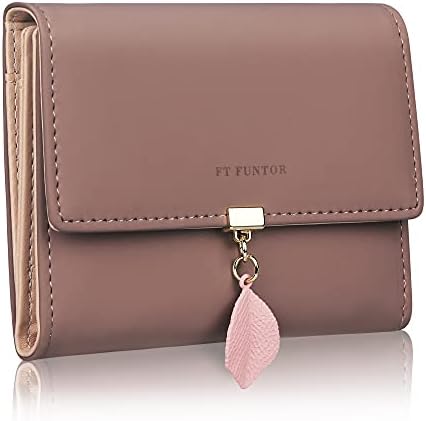 FT FUNTOR PU Leather Wallet for Women RFID Blocking Ladies Leaf Pendant Coin Zipper Long Purse with Multiple Card Slots and Card Holders Phone Pocket (Grey)