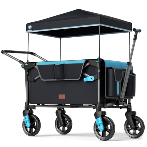 EVER ADVANCED Ultra-Compact Wagon for 2 Kids, Travel Foldable Push Pull Wagon Stroller with Removable Canopy, Adjustable Handles & Harnesses, Black Blue