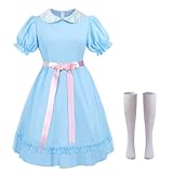 Pop Your Dream Women's Halloween Twin Costumes Blue Lolita Dress Puff Sleeve with Socks Set Creepy Sisters Cosplay Outfits