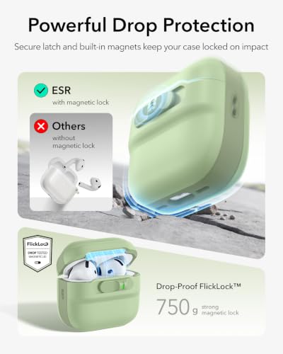 Image of ESR for AirPods 4 Case, Compatible with AirPods 4 Generation Case (2024)(USB-C), MagSafe Compatible, Magnetic Lid Lock, Drop-Proof Protection Cover with Lanyard, Pulse Series, Light Green
