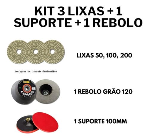 Kit Acabamento 45 Porcelanato 3 Lixas + 1 Suporte + 1 Rebolo