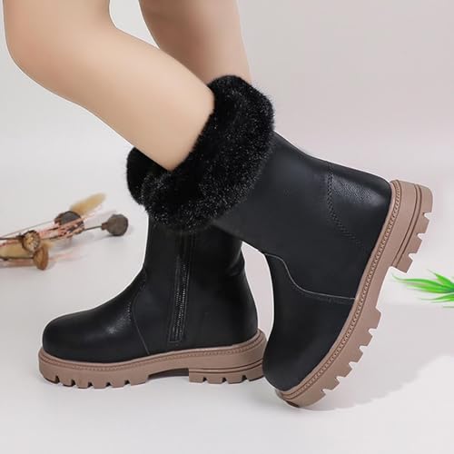 Toddler Girls Mid-Tube Snow Boots Winter Thick-Sole Low Heeled Short Boots Plush Lined Warm Straight Booties Leather Waterproof Combat Boots2