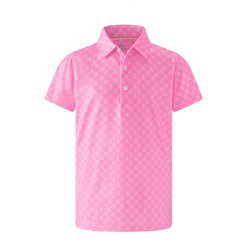 Lenygose Boys Golf Shirts Short Sleeve Performance Polo Dry Fit Moisture Wicking Casual Printed Polo Shirt for Kids (Pink Golf Clubs, 13-14Y)