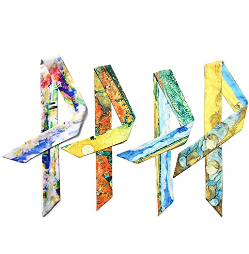 Gudessly Lenço de seda para mala de mão, fita para o cabelo, cabeça, pescoço, lenço, pulseira, pintura a óleo e tinta, Pintura a óleo - 4 peças