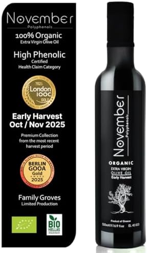 November Polyphenols Olive Oil Extra Virgin - Organic High Phenolic EVOO โ Early Harvest โ Lab Certified +1200mg/kg High Polyphenol โ Cold Pressed Extra Virgin โ Greek โ 500ml Bottle