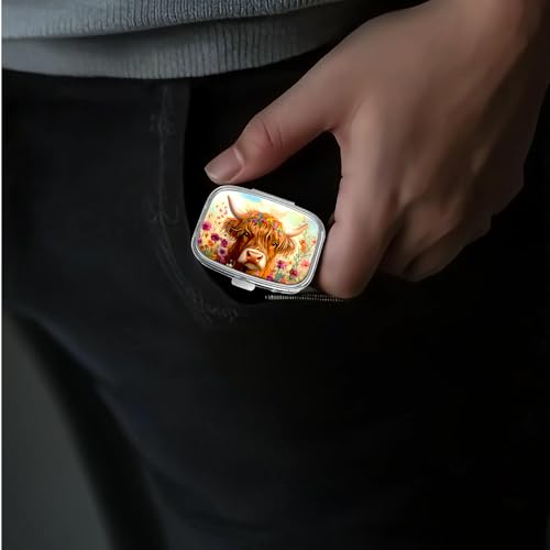 Image of Pill Box-2 Compartment Small Pill Case Portable for Pocket & Purse Single Pill Carrier Pill Container to Hold Vitamins Medication Fish Oil and Supplements BPA-Free(Highland Cow)