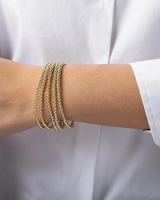 5pcs Christmas Gold Plate Bead Bracelet for Women 14K Gold Plated Bead Ball Bracelet Stretchable Elastic Hypoallergenic Bohemian Stackable Bracelet 4mm - Image 8