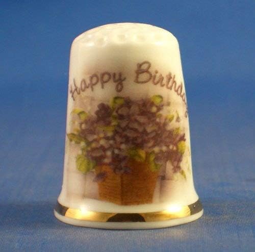 Porcelain China Collectable Thimble - Happy Birthday Floral - Free Gift Box
