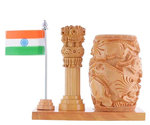 Image of Craft Trade 14x12 Cm Round Wooden Pencil Holder with Clock Ashok Stambh and Indian Flag - Brown Carved