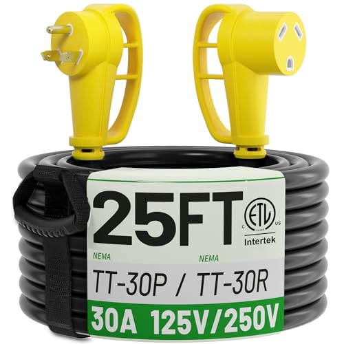 POWGRN 30 Amp RV Extension Cord 25 FT Outdoor with Grip Handle Flexible Heavy Duty 10/3 Gauge STW 3 Prong RV Power Cord Waterproof NEMA TT-30P to TT-30R Black-Yellow ETL Listed
