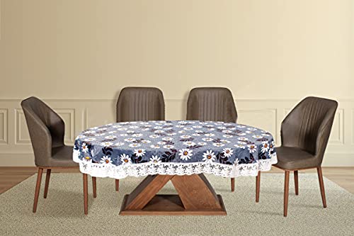 Image of The Furnishing Tree Waterproof PVC Oval Shaped 10 Seater Table Cover WxL 60x120 inches Floral Pattern Blueish Grey with White Border lace