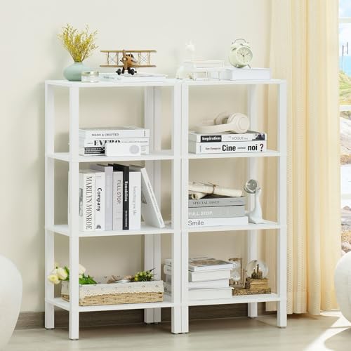 YUFAM 4 Tier Tall Wooden Bookshelf with Storage - Small White Bookcase for Small Spaces, Small Shelf for Living Room, Office, Bedroom, Kitchen - Industrial Modern Book Shelf