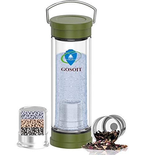 Hydrogen Alkaline Water Bottle with Tea Tumbler Infuser Double Wall Tea Bottle Glass Hydrogen Alkaline Water Maker Machine Make Hydrogen Content Up to 800-1200 PPB and PH of 7.5-9.0