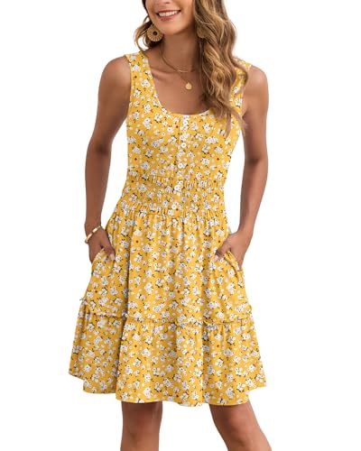 Image of AUSELILY Women Summer Dress Sleeveless Tank Button Down Dresses | Tank button down dress, Empire waist smocked, Casual beach vacation summer dresses with pockets