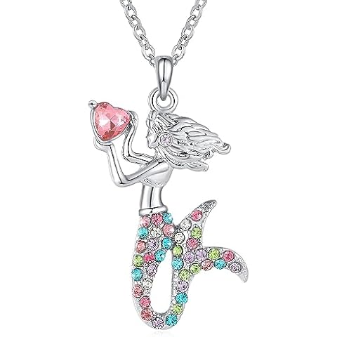 RFTWXHPN Mermaid Necklaces Heart Birthstone Necklace for Women Rainbow Mermaid Necklace Mermaid Birthday Gift for Sister Granddaughter Mermaid Lover Gifts Mermaids Costume Necklace Cover