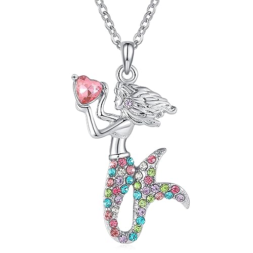 RFTWXHPN Mermaid Necklaces Heart Birthstone Necklace for Women Rainbow Mermaid Necklace Christmas Birthday Gift for Sister Granddaughter Mermaids Lover Gifts Mermaids Costume Necklace