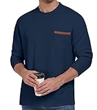 NUOKESASI Mens Casual T-Shirt Long Sleeve Crew Neck Soft Tee Shirts Summer Beach Waffle Textured Tops with Pocket Navy Blue-L