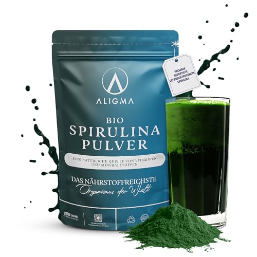 Aligma Bio Spirulina Pulver 250 Gram zur Stärkung des Immunsystems Super Greens-Pulver voller Nährstoffe und Vitamine, Kalzium, glutenfreies und veganes Proteinpulver | Wiederverschließbare Verpackung