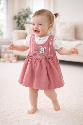 Image of Baby Girls Frock Dress with Bloomer Set | Short Sleeve Polka Dot Inner Layer & Bow Detail Special for 0-6 Months