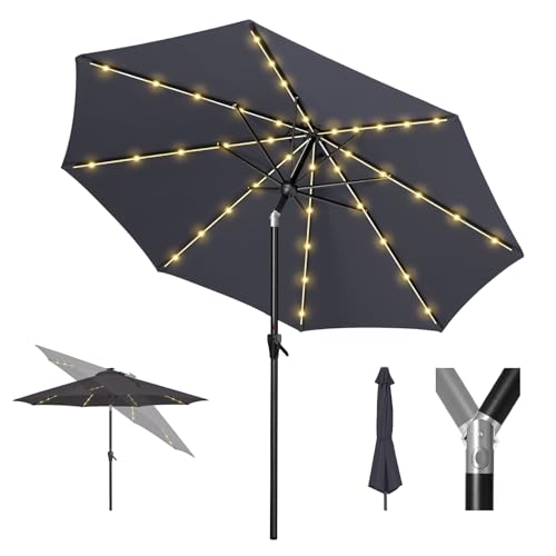 Image of Tempera Patio LED Umbrella with Light | Solar Outdoor Umbrella | Market Table Parasol with Push Button Tilt and Crank, with Sturdy Pole & Fade Resistant Canopy, Easy to Set
