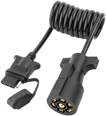 MECMO 7 Way Blade to 4 Way Flat Trailer Adapter Coiled Wiring Harness 5ft Male 7 Pin to 4 Pin Trailer Extension Cord Jacketed Cable, Heavy Duty 18AWG Copper 7 to 4 Wire Trailer Connector Plug 60 inch