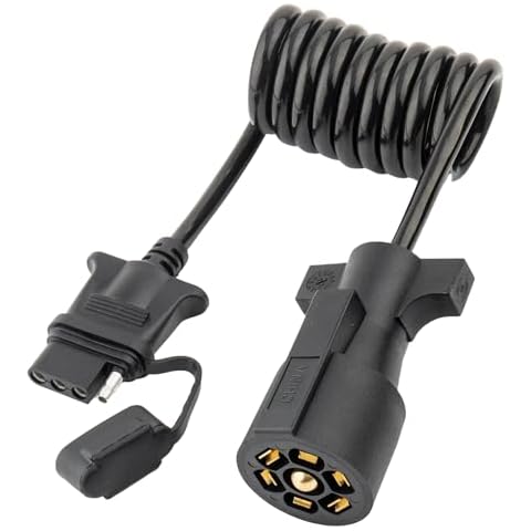 MECMO 7 Way Blade to 4 Way Flat Trailer Adapter Coiled Wiring Harness 5ft Male 7 Pin to 4 Pin Trailer Extension Cord Jacketed Cable, Heavy Duty 18AWG Copper 7 to 4 Wire Trailer Connector Plug 60 inch Cover