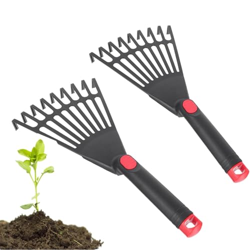 2 Stück Handrechen-Gartengerät, Kunststoff-Handrechen, Ergonomischer Griff Kleiner Rechen, Rechen Garten Hand, Kleine Rechen für Laub, Gartenarbeit, Bodenbearbeitung, Lockere Erde