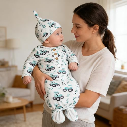 Image of AMAWMW Newborn Baby Boys Girls Cartoon Sleeper Gown Long Sleeve Mountain Nightgown Hat Outfits
