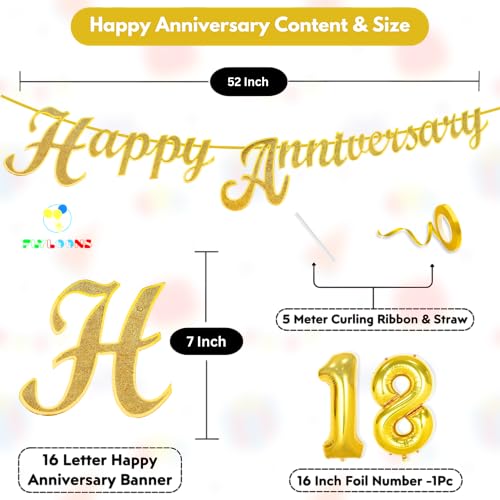 Image of Flyloons 18th Happy Anniversary Banner Gold Decorations Kit for Men Women Wedding Anniversary Banner Items without Balloons