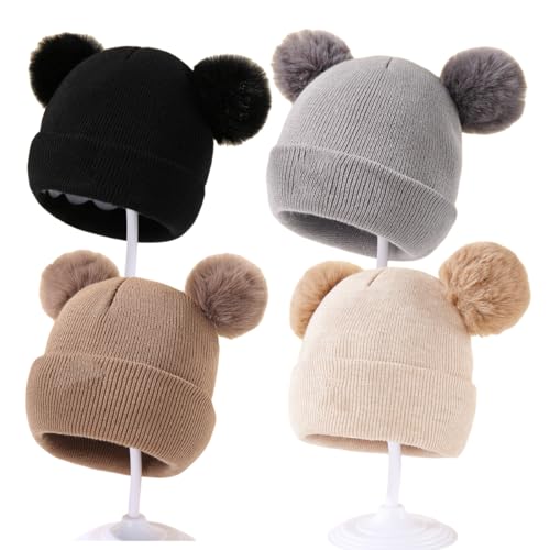 4 Pieces Winter Baby Warm Knitted Ski Hats with Pompom for Chidren Infant Toddler Beanie Hat 0-3 Years