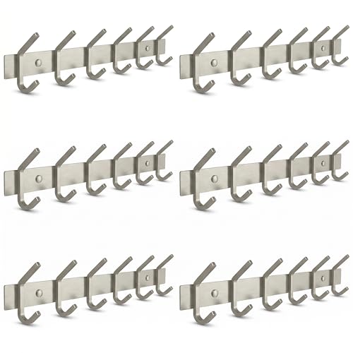 Coat Rack Wall Mount – Brushed Nickel 17 Inch Stainless Steel Hook Rail with 6 Heavy Duty Double Coat Hooks – Wall Mounted Coat Hanger for Entryway, Bathroom, Bedroom, Towel, Hat Organizer - 6 Pack