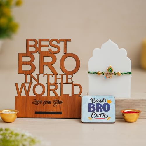 Image of eCraftIndia Divine Krishna Rakhi Gift Set for Brother with Best Bro in the World Wooden Showpiece & Best Bro Ever Fridge Magnet | Premium Designer Rakhi with Roli Chawal | Raksha Bandhan Gift Hamper