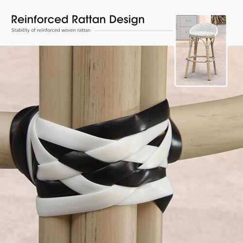 Image of PURPLE LEAF Patio Oversized Backrest Bar Height Stool Set of 1 Outdoor Round Barstools Aluminum Frame in Champagne Finish Woven Rattan for Indoor Kitchen Dining Bistros Cafe Restaurant White