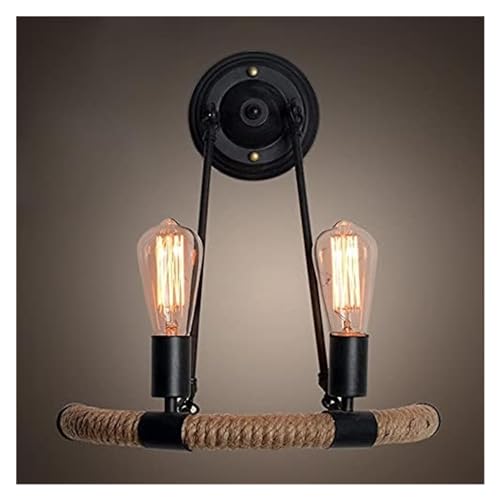 Applique murale E27 vintage en corde de chanvre et métal noir à double tête pour couloir