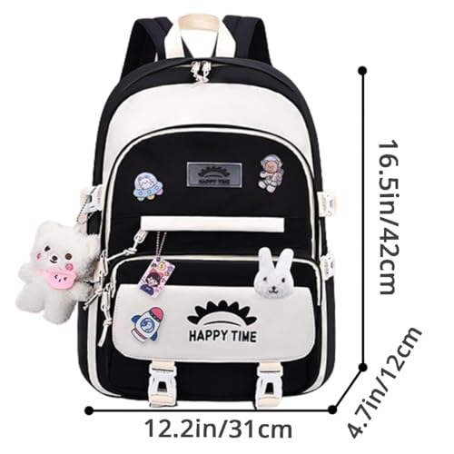 Kawaii Backpack with Cute Accessories Plush Bear Pendant Aesthetic Casual Daypack Multi-pocket Laptop Travel Bag (Black)3