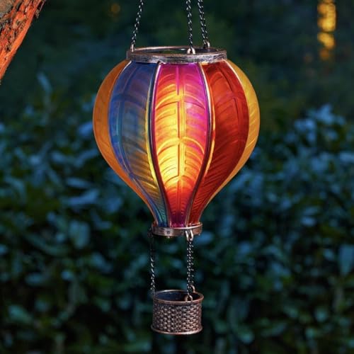 Festive Lights Lanterne solaire à flamme froide à suspendre en plein air LED ballon à air chaud lumière effet verre avec poignée (lanterne arc-en-ciel)