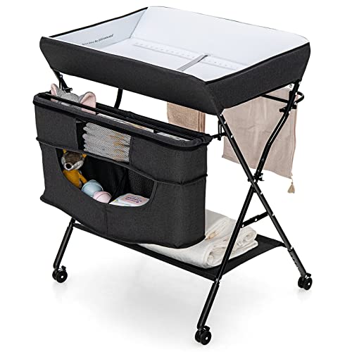 Image of Costzon Baby Changing Table, Adjustable Height Portable Diaper Station w/Lockable Wheels, Safety Belt, Large Storage Rack & Bag, Folding Nursery Station for Infant Newborn (Black)