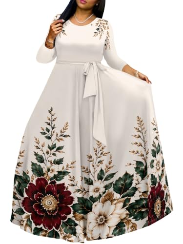 Image of Women Plus Size Long Sleeve V Neck Maxi Dress with Belt | Soft fabric relaxed fit three quarter sleeve v neck with pockets for party and daily wear