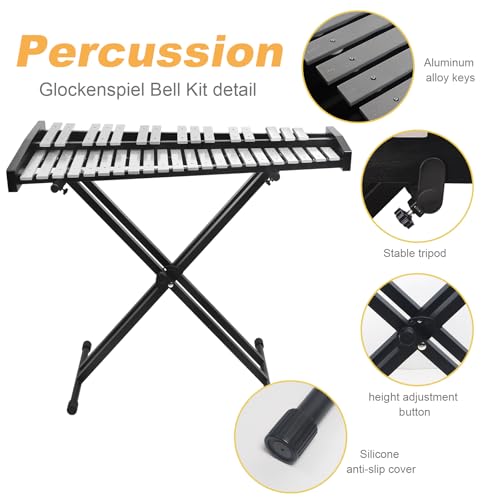 Image of lotmusic 37 Notes Glockenspiel Xylophone Bell Kit: Professional Xylophone for Drummer, Percussion Kit for Adult with 2 Tpypes Drum sticks, Adjustable Stand&Carrying Bag