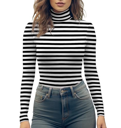 Women's Turtleneck Long Sleeve Top, Striped High Neck Shirt Baselayer Ribbed Stripes Slim Fitted Tee Stretchy