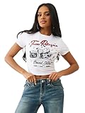 True Religion Crystal Buddha Baby Tee for Women | Cropped Graphic T Shirt with Buddha Logo, Optic White, Large