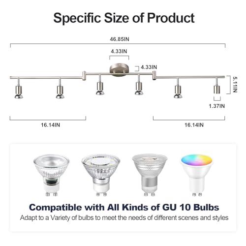 DLLT LED 6 Light Track Light Kit, Matte Nickel 6 Way Ceiling Track Lighting, CRI≥90, Flexibly Rotatable Light Heads, Ceiling Spot Light for Exhibition, Included 6 x 3W LED GU10 Bulbs(3000K, 1440LM)