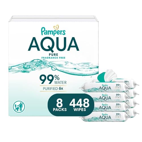 Image of Pampers Aqua Pure Baby Wipes, 99% Water, Fragrance Free, 448 Baby Wipes Total (8X Flip-Top Packs) [Packaging May Vary]