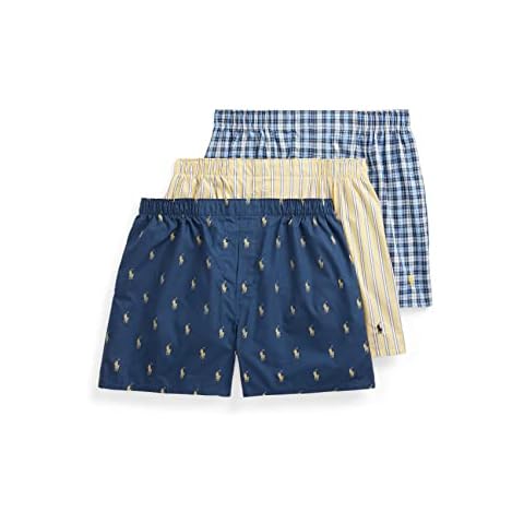 POLO Ralph Lauren Men's Classic Fit Cotton Woven Boxers 3-Pack, Rustic Navy/Campus Yellow, Summer Stripe/Cruise Navy, Sag Harbor Plaid Yellow-3 Pack, Large Cover