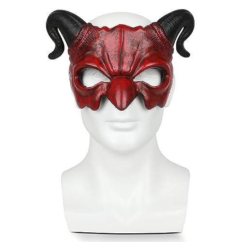 Demonio, Toy Pigmiss - Máscara de diablo aterradora de media cara de cabra demonio, cuernos de oveja, máscara de animales cráneo rojo, máscara de monstruo para Halloween...
